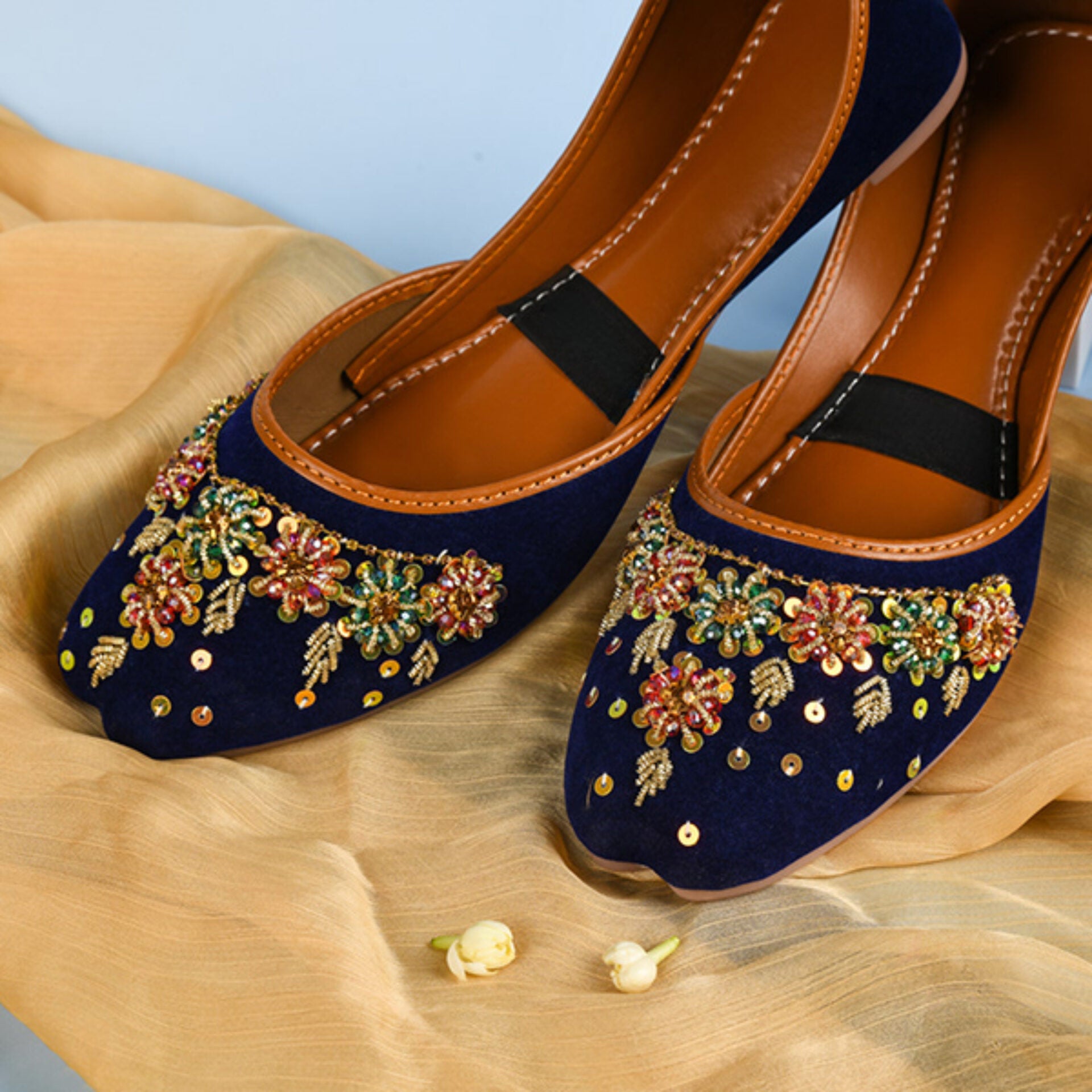 Royal Blue Velvet Embroidered Khussa - Multi-Color Floral Mojari for Women | Applique Threads