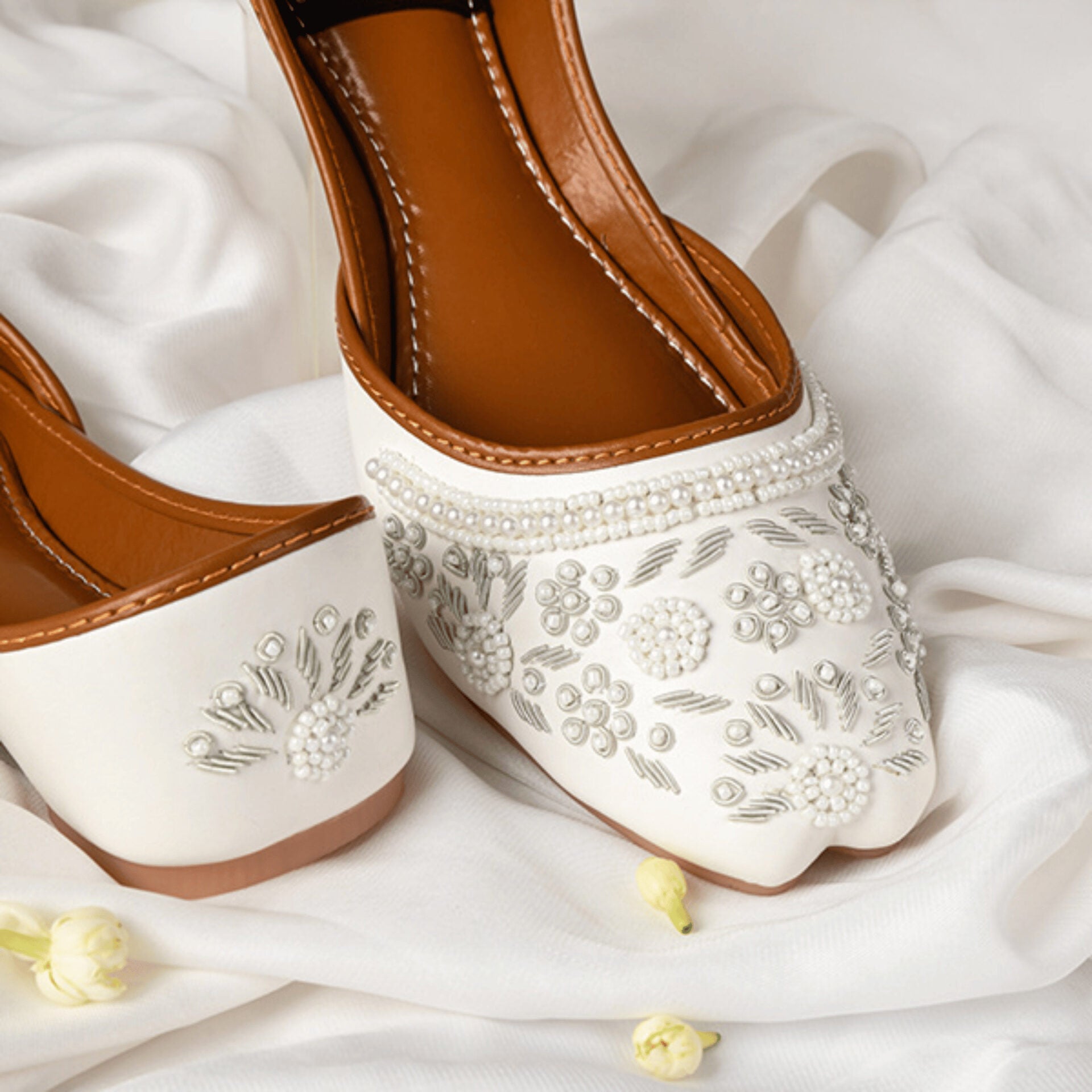 Premium White Pearl Embroidered Bridal Khussa - Handmade Leather Mojari | Applique Threads