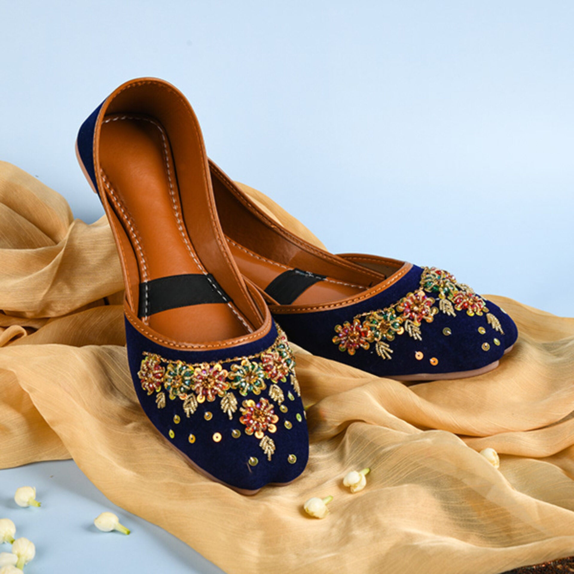 Royal Blue Velvet Embroidered Khussa - Multi-Color Floral Mojari for Women | Applique Threads