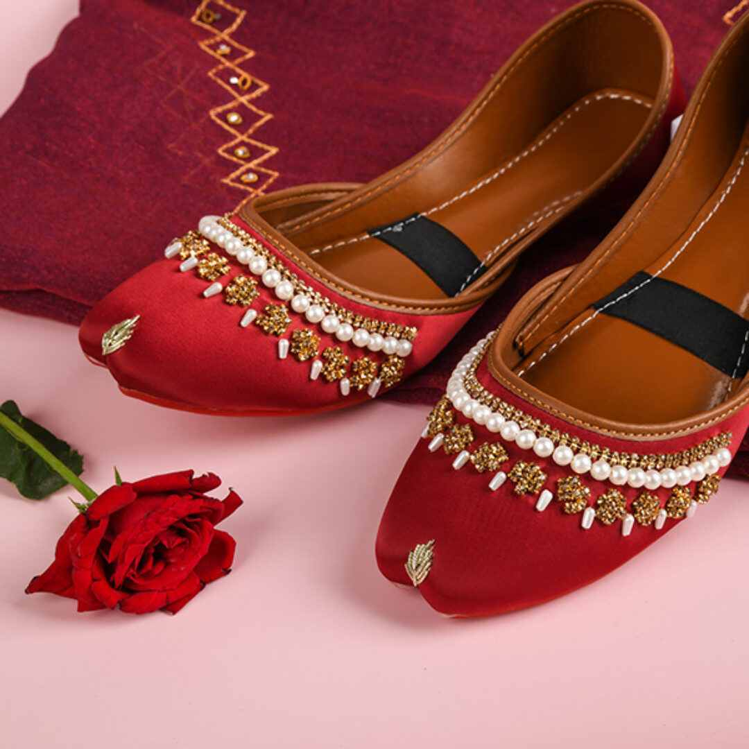 Royal Maroon Pearl Embellished Khussa | Handcrafted Pakistani Footwear by Applique Threads