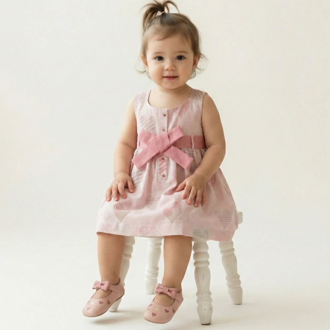 Seated view of baby girl casual party dress showing button details and textured heart pattern.