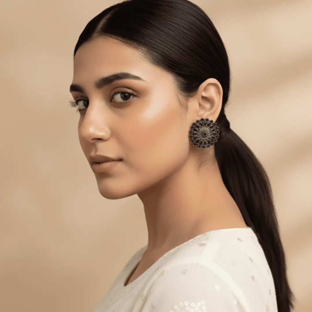 Vintage oxidized silver round stud earrings featuring a polished black onyx gemstone centerpiece — Applique Threads