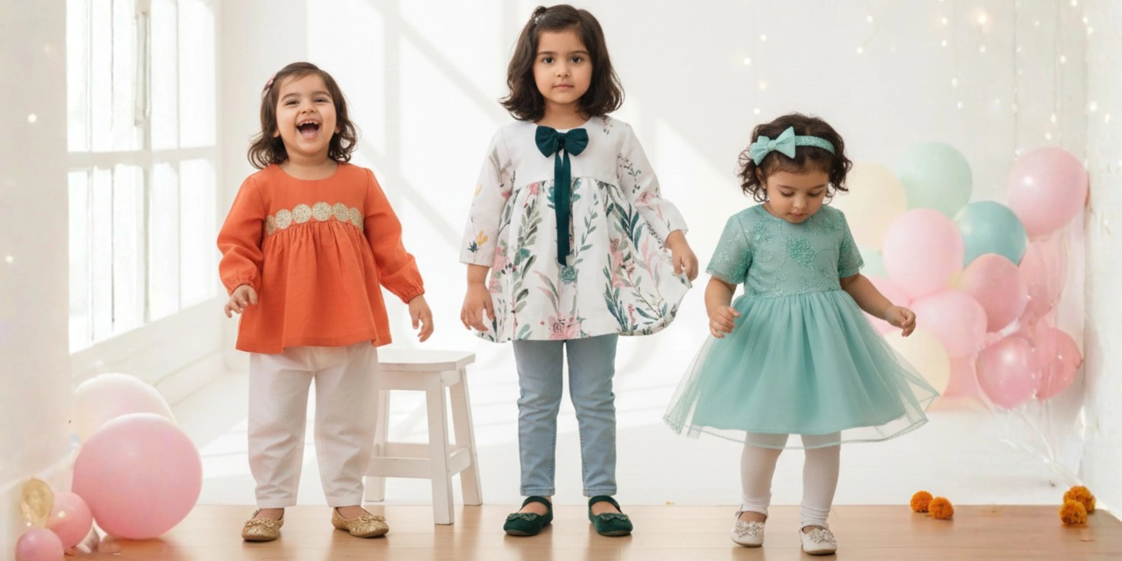 Girls' festive party wear collection featuring orange appliqué kurti, floral printed dress with teal bow, and mint green tulle frock – Applique Threads Pakistan