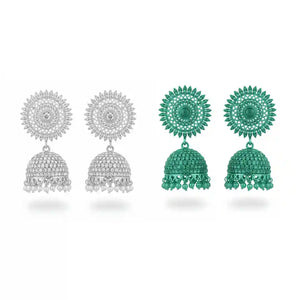 Side-by-side comparison of premium gold-plated jhumka earrings in pearl white and sea green crystal options