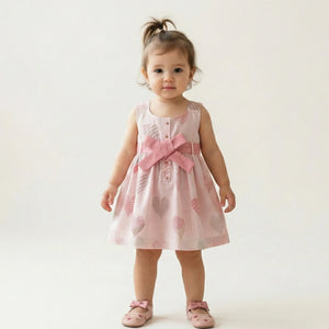 Toddler girl standing wearing pastel pink sleeveless cotton dress with heart print and large waist bow.
