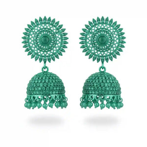 Detail shot of sea green crystal jhumkay showing the vibrant gemstone settings and traditional bell-shaped design