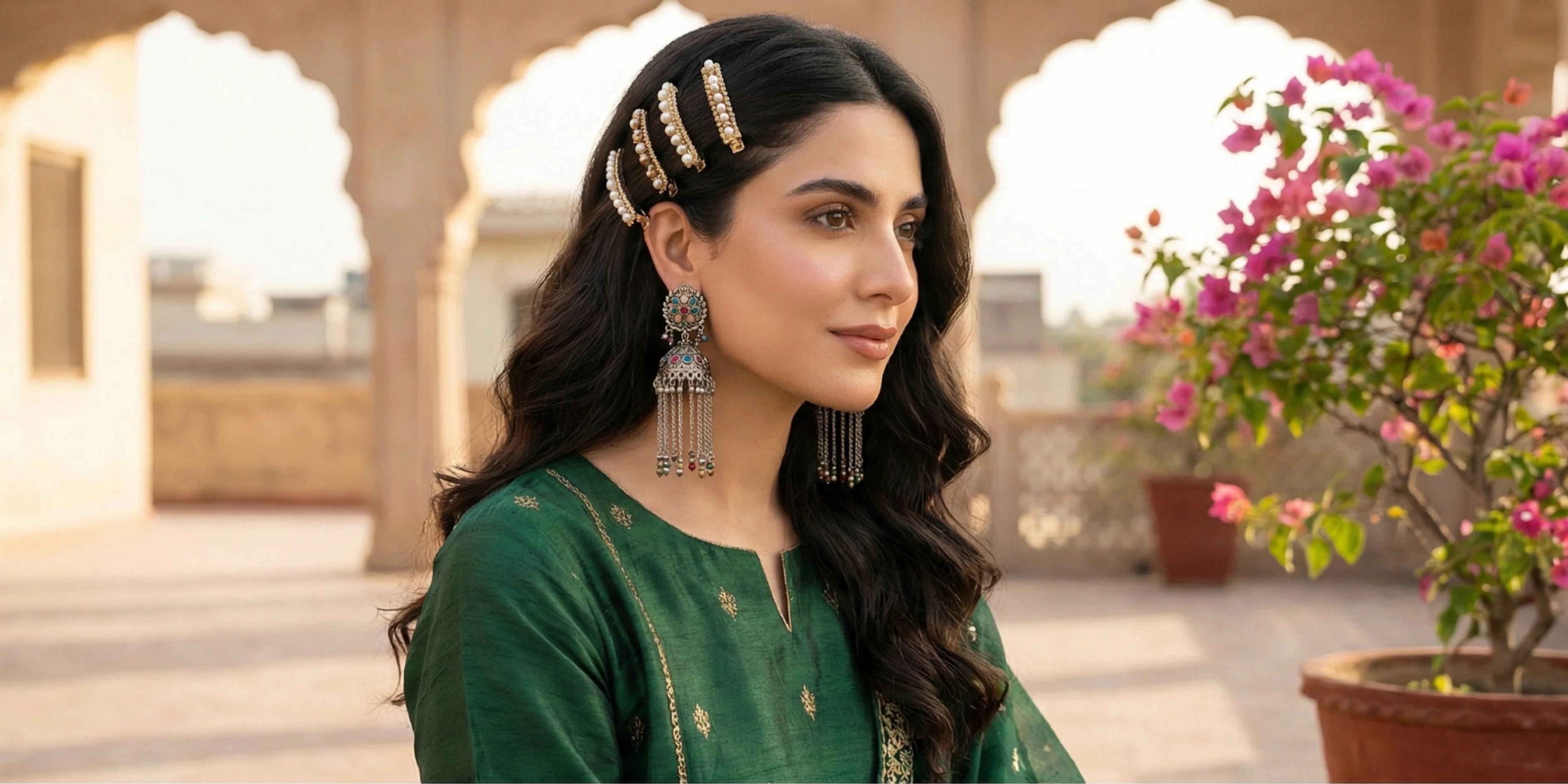 Women's green embroidered kurti with gold appliqué work paired with oxidized jhumka earrings and pearl hair clips – Applique Threads Pakistan