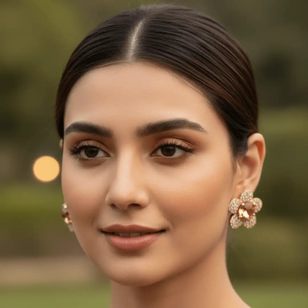 Side profile of bell-shaped floral jhumkay showing the intricate petal design and sparkling zirconia crystal settings