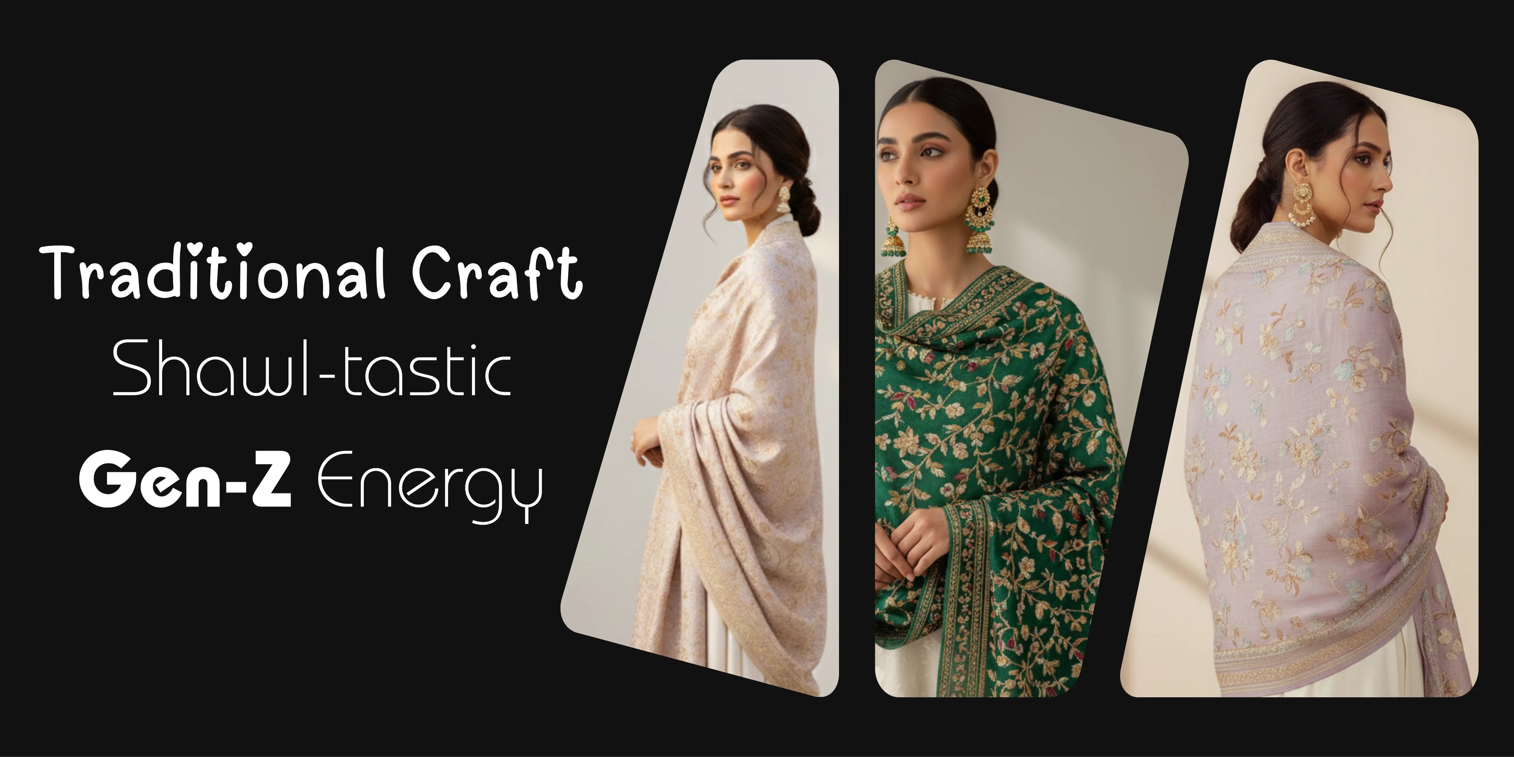 Three models showcasing premium embroidered shawls in beige, forest green, and lilac with intricate floral traditional craft - Applique Threads Shawl-tastic Collection