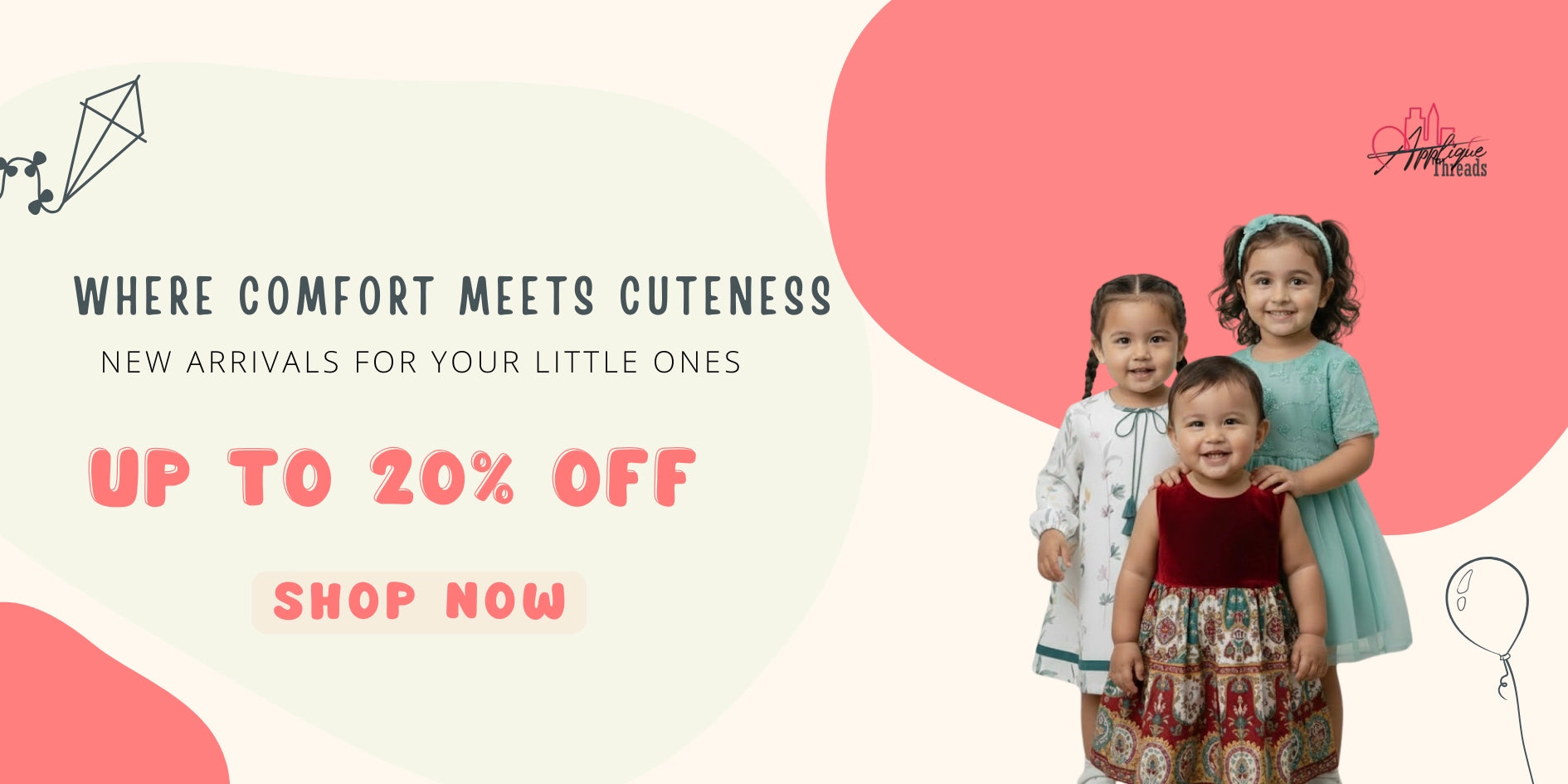 Three young girls wearing Applique Threads traditional and formal dresses; 20% off new arrivals for kids ethnic clothing.