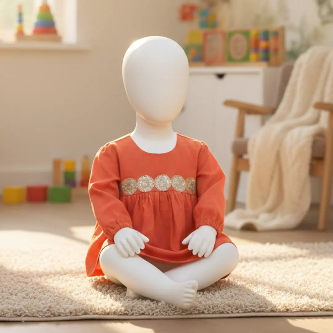 Seated view of baby girl casual party dress in terracotta color with gold embellishment.