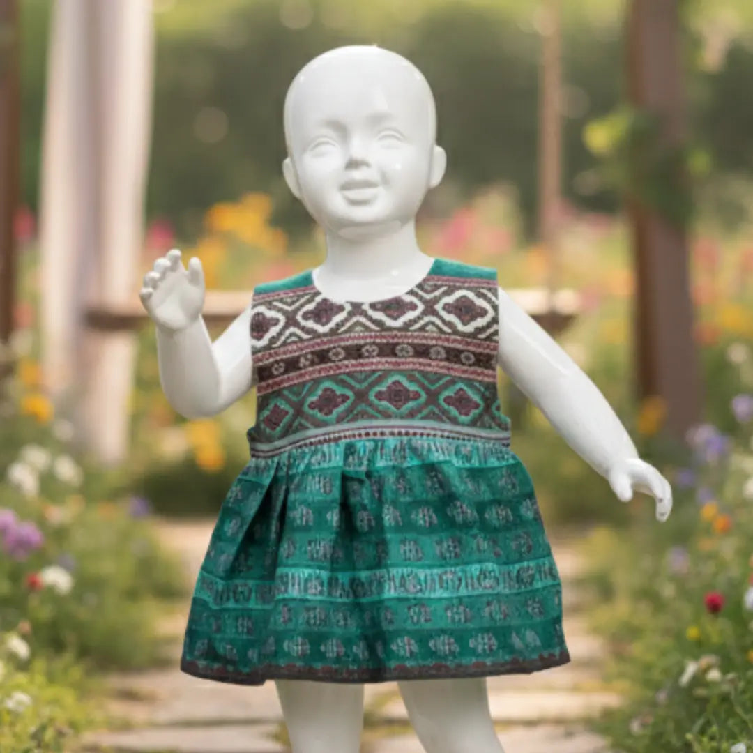 Toddler girl standing in garden wearing emerald green sleeveless lawn frock with ethnic geometric print.