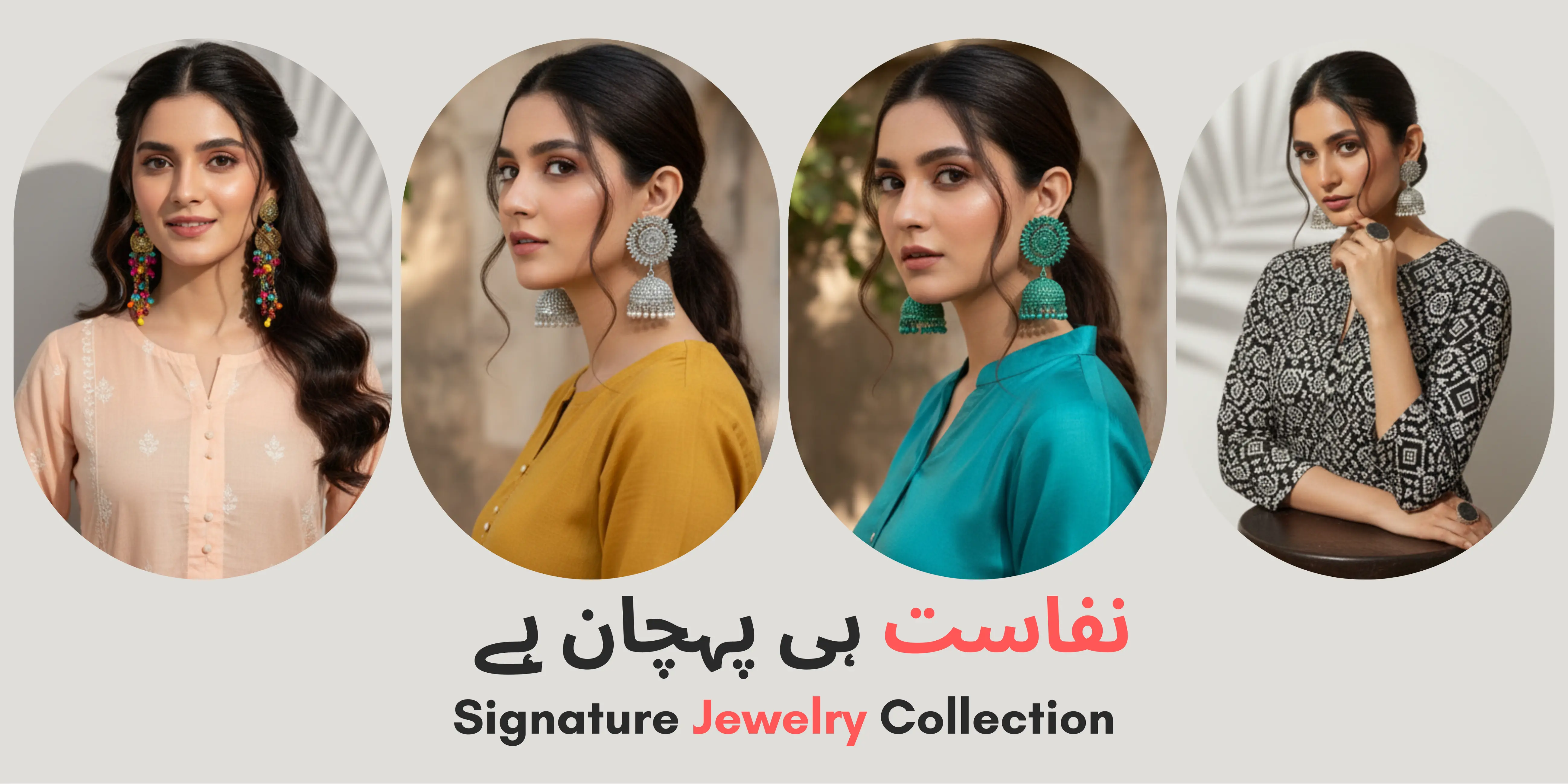 Applique Threads Signature Jewelry Collection featuring models wearing traditional jhumkas and statement earrings in silver, turquoise, and gold