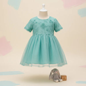 Full length view of toddler girl wearing sea green fancy net dress
