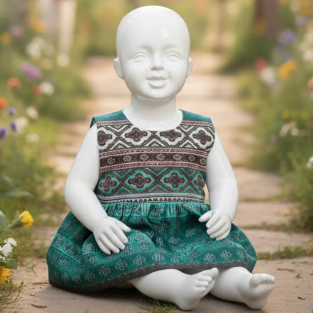 Seated view of baby girl cotton summer dress featuring traditional maroon and white block print pattern.
