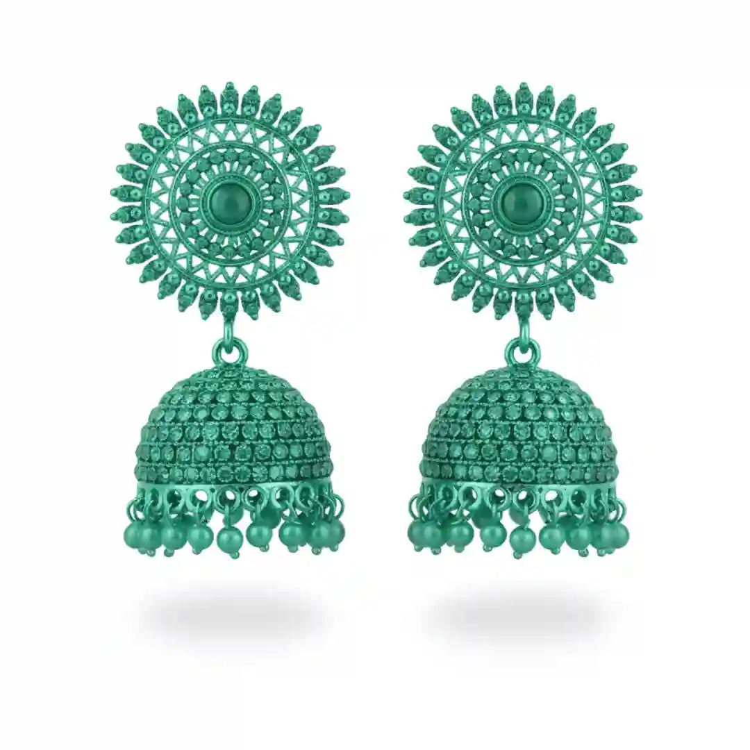 Detail shot of sea green crystal jhumkay showing the vibrant gemstone settings and traditional bell-shaped design