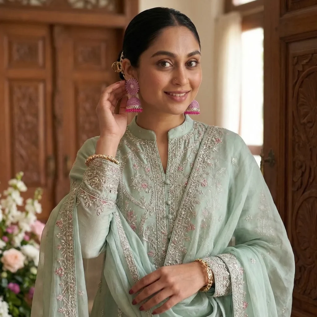Smiling Pakistani model touching her pink beaded jhumka earring, elegantly paired with a mint green embroidered formal dress standing near wooden doors.