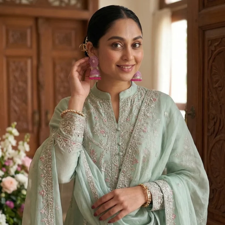 Smiling Pakistani model touching her pink beaded jhumka earring, elegantly paired with a mint green embroidered formal dress standing near wooden doors.