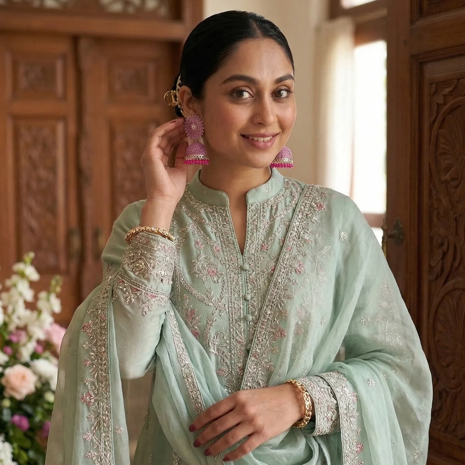 Smiling Pakistani model touching her pink beaded jhumka earring, elegantly paired with a mint green embroidered formal dress standing near wooden doors.