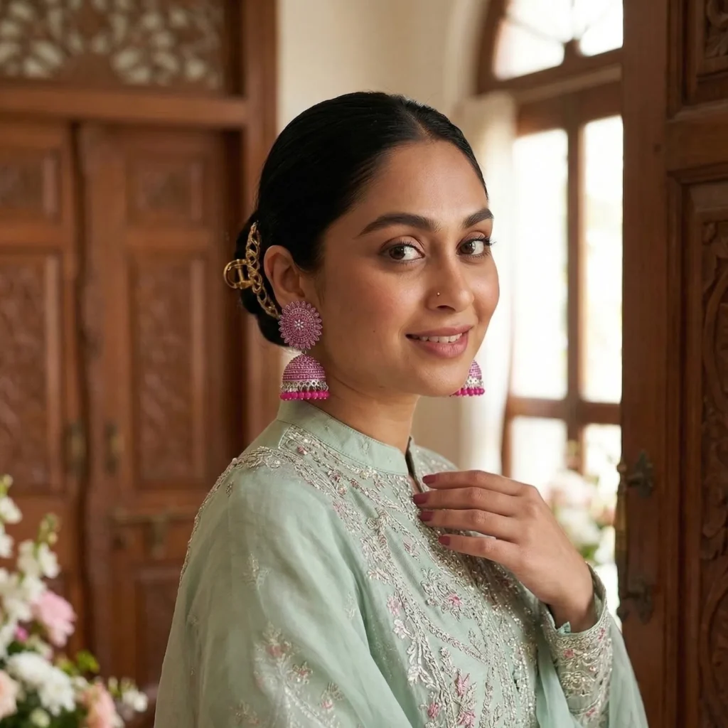 Close up of a Pakistani woman displaying traditional artificial pink jhumka earrings, styled beautifully with a light green embroidered party wear dress.