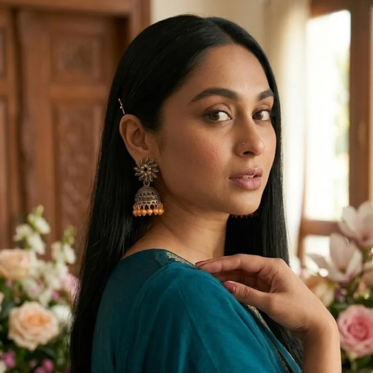 Close-up of traditional antique gold dome-shaped jhumka earrings featuring intricate floral metalwork and delicate pearl bead drops.