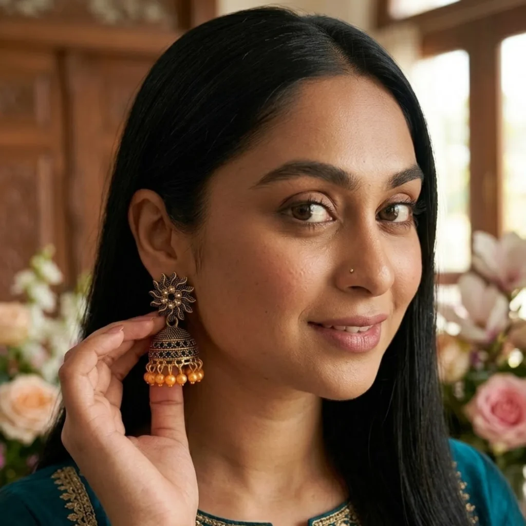 Pakistani model wearing traditional antique gold jhumka earrings with pearl drops, elegantly styled with a dark teal green embroidered dress.