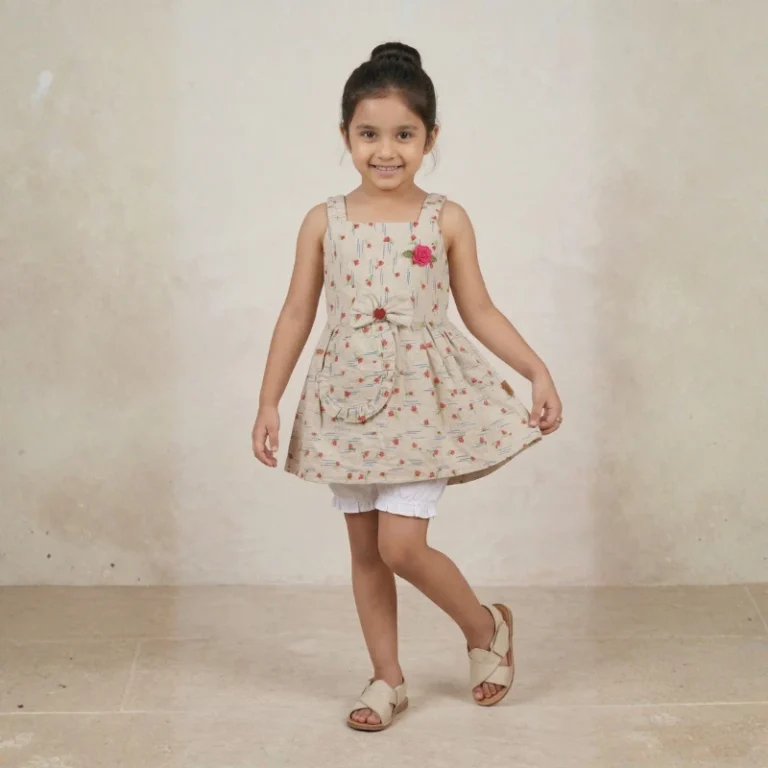 Aaliya in a playful pose wearing a beige and red floral sleeveless frock for girls, featuring a waist bow and rose detail.