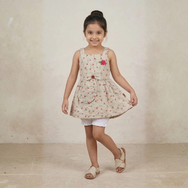 Aaliya in a playful pose wearing a beige and red floral sleeveless frock for girls, featuring a waist bow and rose detail.
