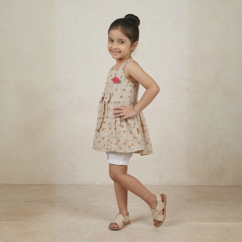 Side profile of a young Pakistani girl modeling a premium cotton floral frock with a stylish high bun hairstyle for Applique Threads.