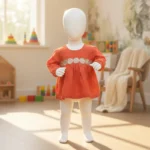 Orange long sleeve embroidered baby girl dress with gold floral waistband – kids clothes online Pakistan – Applique Threads