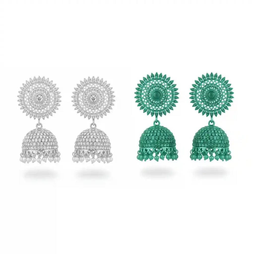 Side-by-side comparison of premium gold-plated jhumka earrings in pearl white and sea green crystal options