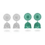 Side-by-side comparison of premium gold-plated jhumka earrings in pearl white and sea green crystal options