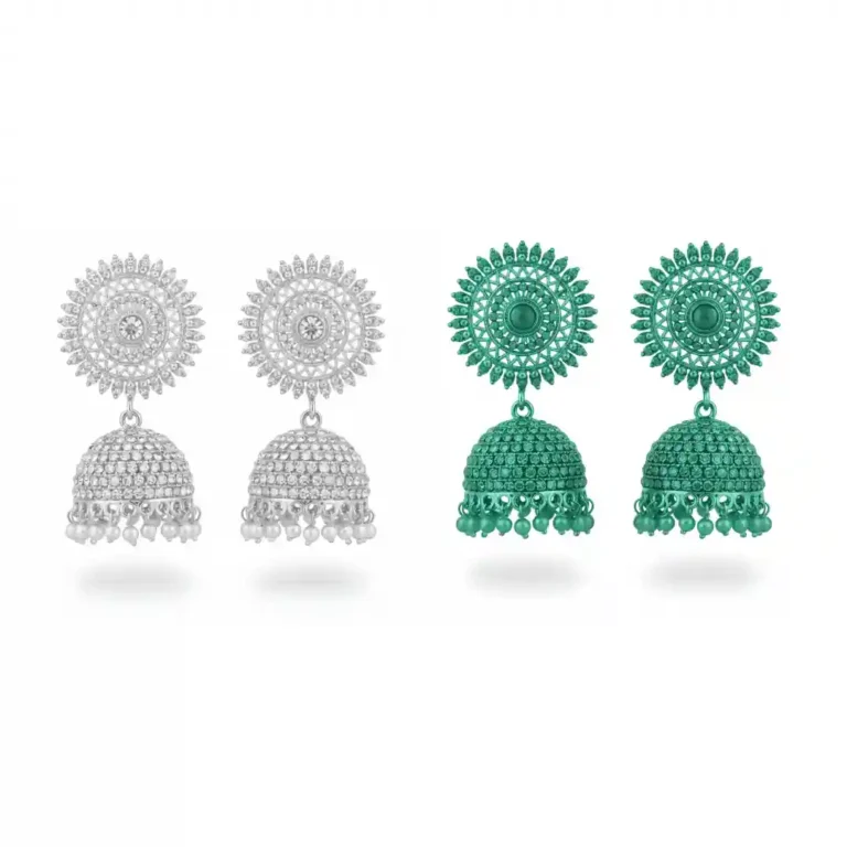 Side-by-side comparison of premium gold-plated jhumka earrings in pearl white and sea green crystal options