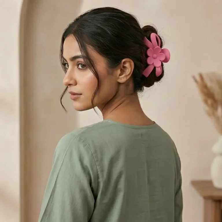 Side profile of woman wearing pink floral hair catcher in a bun