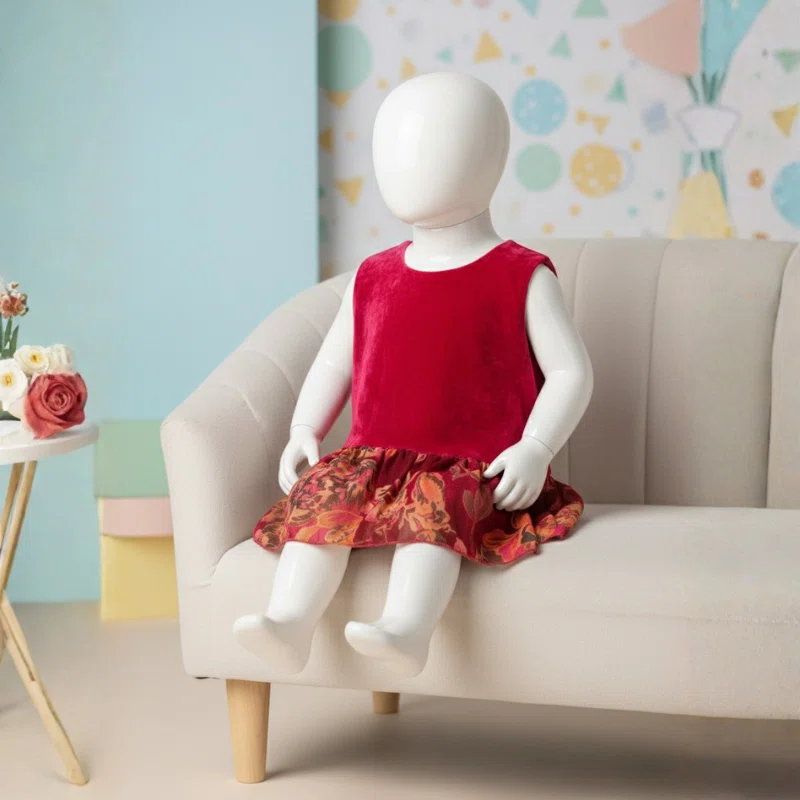Baby girl in red velvet floral ruffle dress seated on sofa – buy baby girl dress online Pakistan – Applique Threads