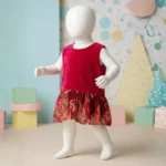 Standing view of red velvet sleeveless baby girl dress with floral chiffon ruffle skirt – kids clothes online Pakistan – Applique Threads