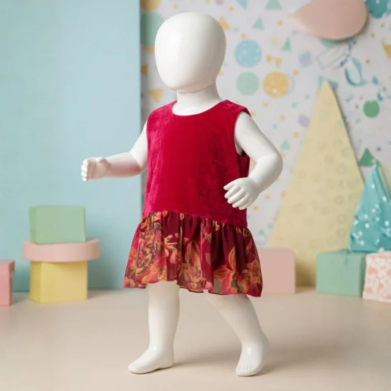 Standing view of red velvet sleeveless baby girl dress with floral chiffon ruffle skirt – kids clothes online Pakistan – Applique Threads