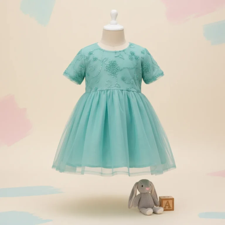 Full length view of toddler girl wearing sea green fancy net dress
