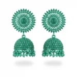 Detail shot of sea green crystal jhumkay showing the vibrant gemstone settings and traditional bell-shaped design