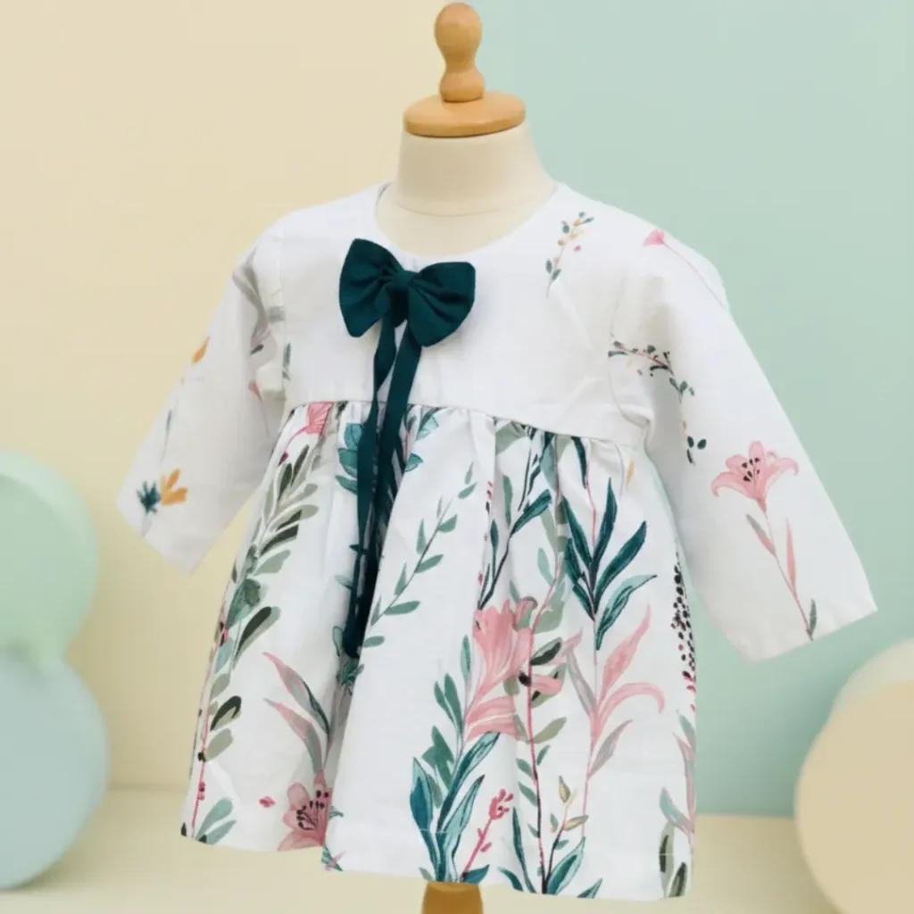 Elegant white and teal floral bow frock for girls by Applique Threads.