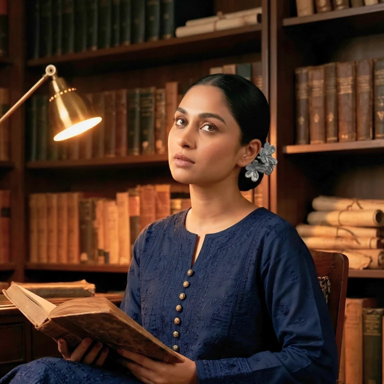 Dusty blue marbled floral hair claw clip styling a sleek low bun on a South Asian model in a library, by Applique Threads.