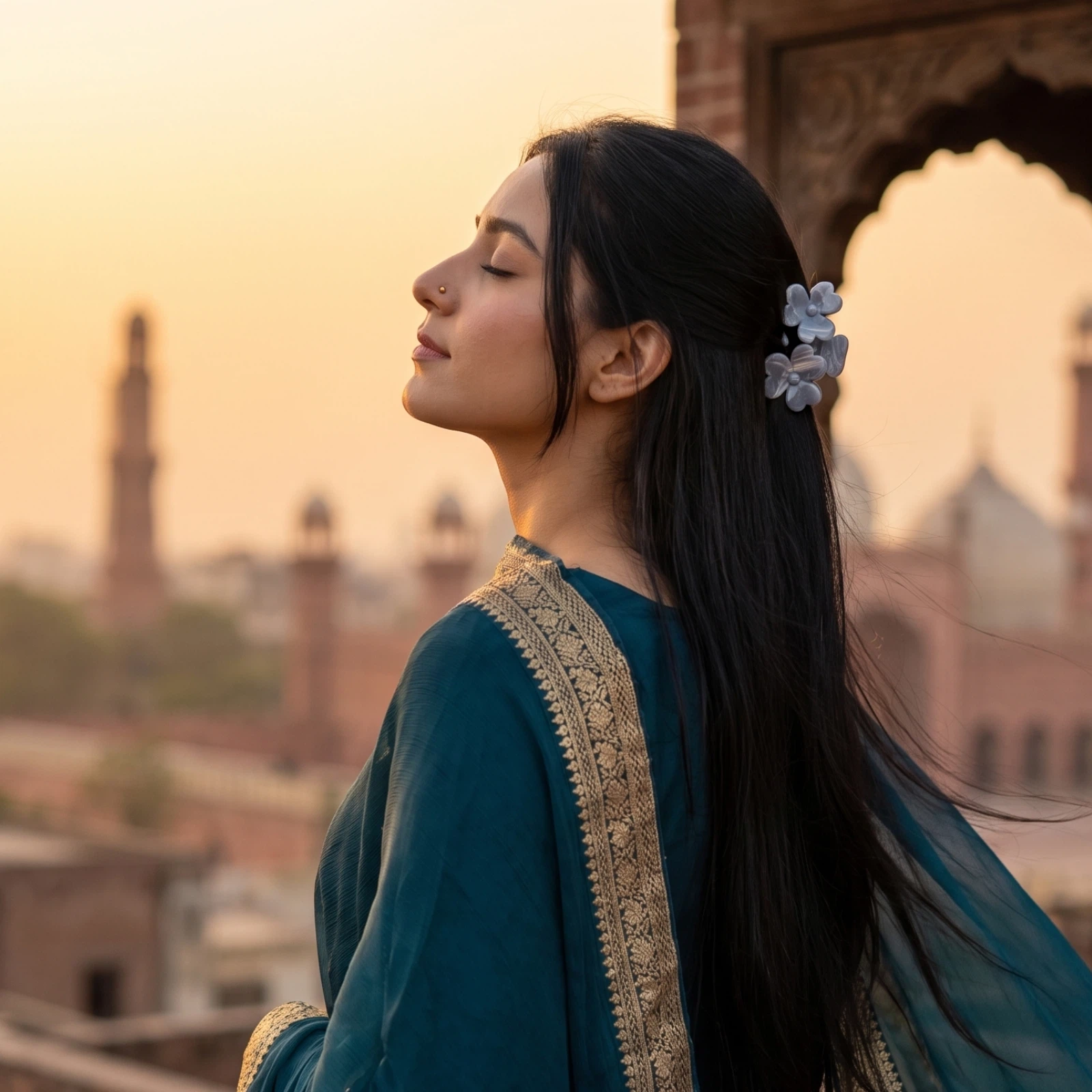 Dusty blue marbled acrylic hair claw clip holding a half-up half-down hairstyle on a South Asian model outdoors at golden hour, by Applique Threads.