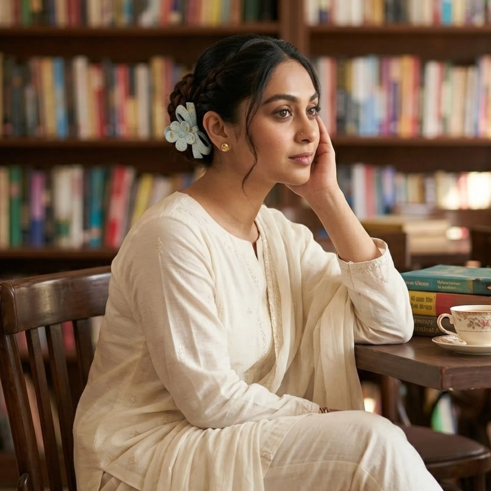 Side profile of a trendy girls claw clip in a matte baby blue finish, featuring a unique yellow and orange paint splatter aesthetic.