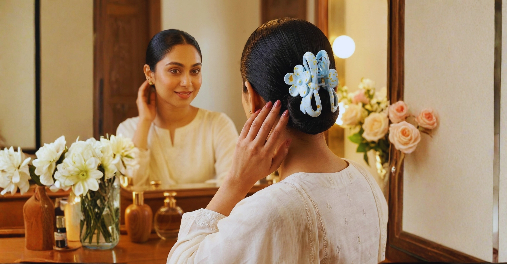 Pakistani woman wearing baby blue paint splatter floral hair claw clip in a sleek low bun at vanity mirror – buy hair catcher online Pakistan – Applique Threads