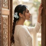 Close-up of a matte blue jaw clip for girls, displaying its interlocking teeth and vibrant speckled orange and yellow pattern.
