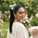 Korean style matte hair clip in a pastel light blue shade, beautifully decorated with artistic orange and yellow paint spots.