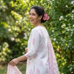 Smiling Pakistani woman in garden wearing pink double plumeria hair claw clip in braided bun with white and pink printed cotton suit