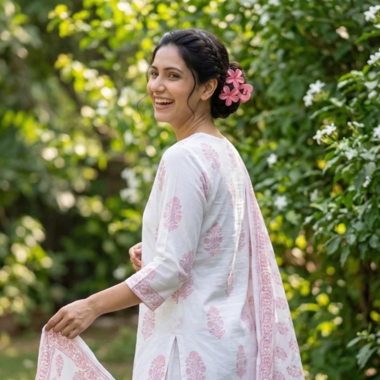 Smiling Pakistani woman in garden wearing pink double plumeria hair claw clip in braided bun with white and pink printed cotton suit