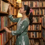 Pakistani woman in green embroidered kurta browsing library shelves with a pink plumeria flower hair claw clip in a long ponytail