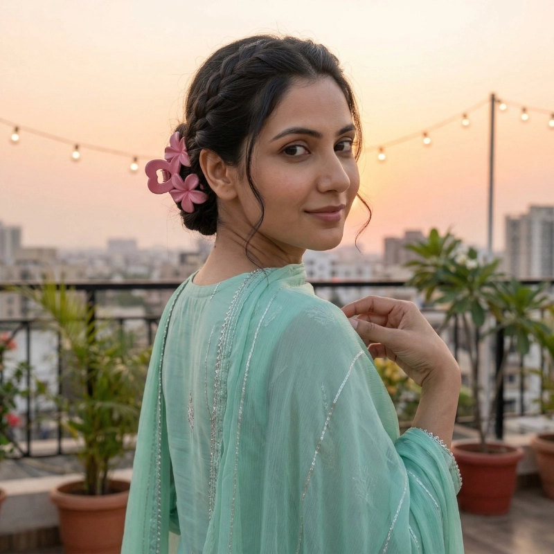 Pakistani woman on rooftop at sunset wearing a pink glossy double plumeria hair claw clip in a braided updo with mint green embroidered suit